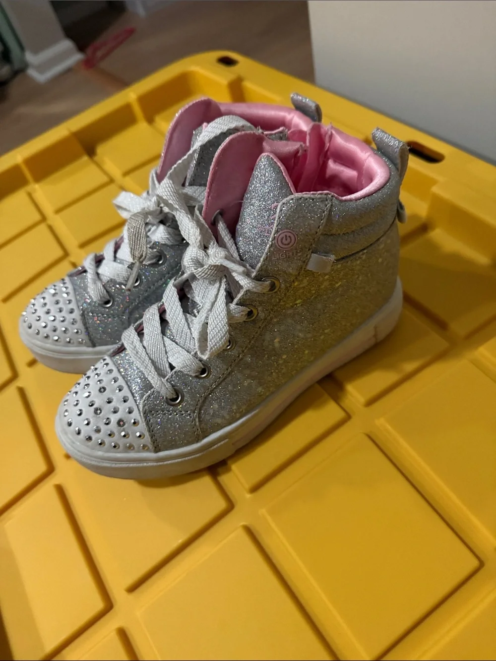 Skechers Silver Glitter High-Top Sneakers with Pink Lining